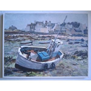 Bernard REIGNIER (1921-1986) huile sur toile marine barque à marée basse en Bretagne