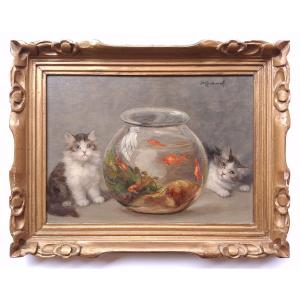 Emile Valentin CARDINAL (1883-1958) chatons et poissons rouges huile sur bois