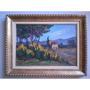 Jean MOREL paysage provençal "Genêts vers le Barroux" huile sur panneau 1957