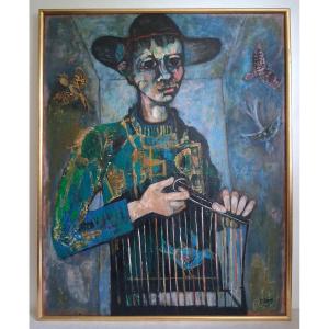 Coline Ores Oil On Canvas "the Birdcatcher" 1962