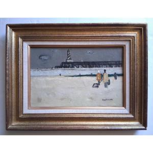 Claude ROEDERER (1924-1988) huile sur toile scène de plage phare Bretagne 1957