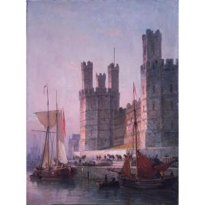 William Raymond Dommersen (1859–1927) Caernarfon Castle Harbour United Kingdom Oil On Canvas