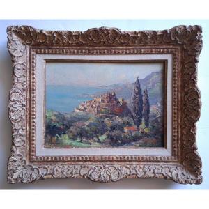 André BERONNEAU (1886-1973) Eze village Côte d'Azur huile sur bois