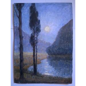 Dieudonné Jacobs (1887–1967) Oil On Panel Lakeside Landscape At Dusk Post-impressionism