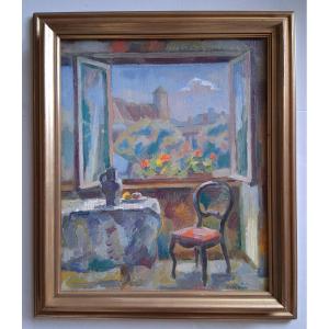 Joseph Lucien Schibi (1908–1980) Oil On Panel Interior Scene With An Open Window