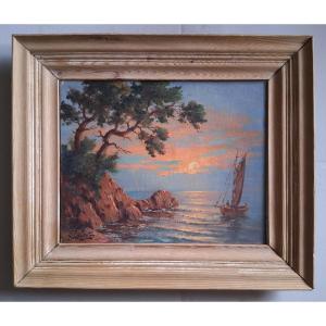 Georges BAFFERT huile sur toile paysage marin au crépuscule