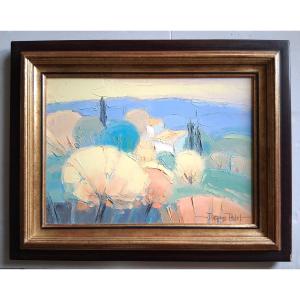 Jacques PETIT (1925-2019) huile sur toile paysage provençal "Mas dans le Luberon"