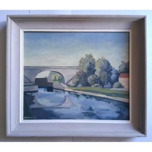 Oil On Panel Riverbank Landscape With A Bridge Gailloud 1970
