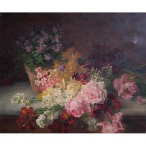 Hortense Dury-vasselon (1860–1924) Oil On Canvas Still Life With Flowers