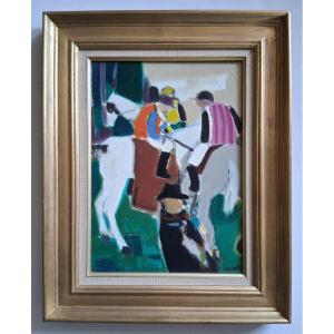 Claude Aliotti (1925-1989) Oil On Canvas Horse Racing Horses Jockeys