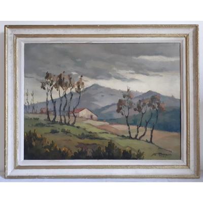 Painting Oil On Canvas Hilly Landscape Mountains A. Bazin 1943