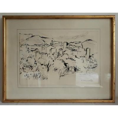 Hélène Mouriquand (1918-2018) Lyonnaise School Hilly Landscape Village Chinese Ink Drawing 1962