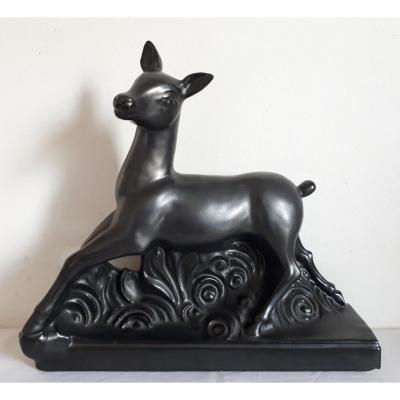 Jean-marie Radureau Vallauris Black Ceramic Doe Sculpture 1930 Art Deco