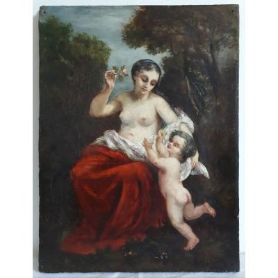 Tableau huile sur toile Vénus et Cupidon scène mythologique 19ème B. Bauman