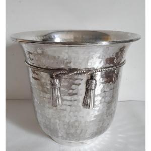 Champagne Bucket In Hammered Silver Metal Trimmings Decor 1940 - 1950