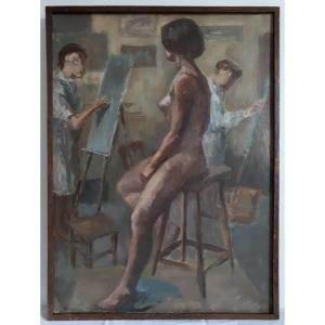 Tableau huile sur toile nu posant dans un atelier de peintre milieu XXème