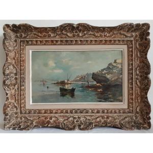 Tableau huile sur toile marine côte rocheuse pêcheur GUERIN 1895 fin 19ème