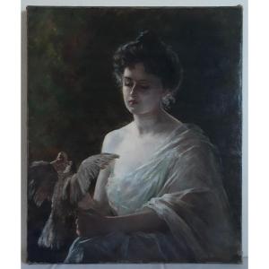 Tableau huile sur toile portrait de jeune femme à la colombe daté 1898 Art Nouveau 1900 (signé)