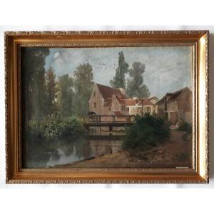 Tableau huile sur toile paysage maisons en bord de rivière 19ème