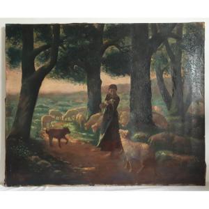 Tableau huile sur toile paysage scène pastorale moutons B. CAZAUX 1899 -  19ème