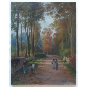 Painting Oil On Canvas Animated Landscape Undergrowth Outdoor Scene Painter Early 20th Century