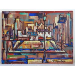 Tableau huile sur toile paysage urbain citadin abstrait  1960/1970 (signé)