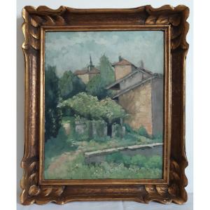 Tableau huile sur bois paysage de campagne cadre bois sculpté doré