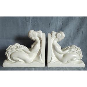 Lejan Orchies Pair Of Cracked Ceramic Bookends Women 1930 Art Deco