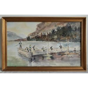 Aquarelle Lac du Bourget Aix les Bains pêcheurs 1959 (signé)