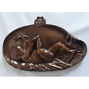 Bas-relief Bronze Sculpture Baby Child With Rattle Descamps 19th