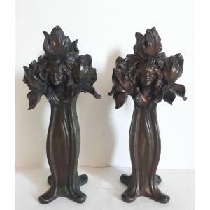 Clara PFEFFER paire de vases décor femme 1900 Art Nouveau