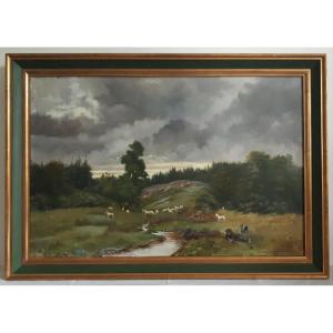 Claudius SEIGNOL (1858-1926) huile sur toile paysage moutons 1886 Ecole lyonnaise