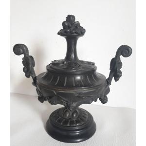 Cassolette boîte en bronze et marbre décor végétal 19ème