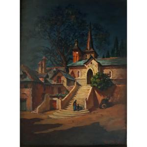 Charles PHILLIPE (1916-1993) huile sur panneau scène de village nocturne 1947