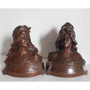 Marcel Renard Pair Busts Of Young Women Art Nouveau