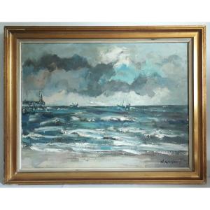 Achiel LOMBAERT (1911-1990) huile sur toile marine bord de mer bateaux