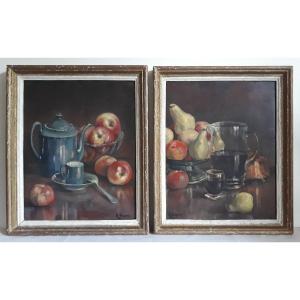 Pair Of Paintings Oil On Wood Still Life With Fruits Apples Pears H. Bolard