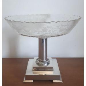 Centre de table coupe sur pied métal argenté et cristal 1930 Art Déco
