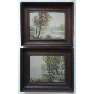 Lucien Broyer School Of Lyon Pair Of Lake Landscape Watercolors