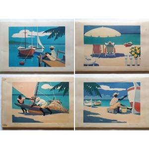 Suite de 4 lithographies estampes Thomas GIBB bords de mer Caraïbes milieu XXème