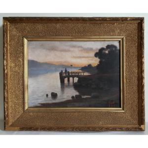 Tableau huile sur toile paysage lacustre au crépuscule H. SCHMIDT fin 19ème