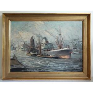 Tableau huile sur toile marine port bateaux Otto Waals