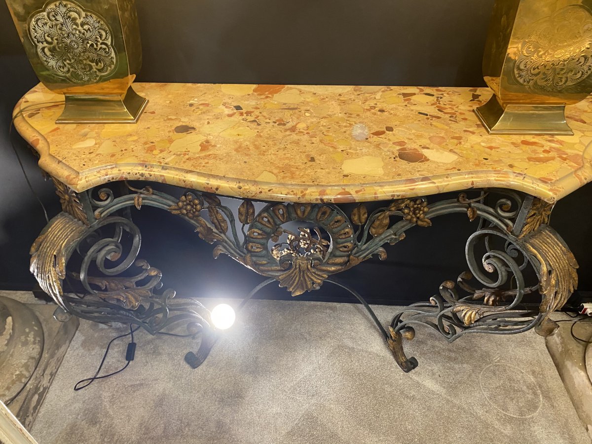 Console Wrought Iron Patina Green And Golden Marble Top Provençal Style