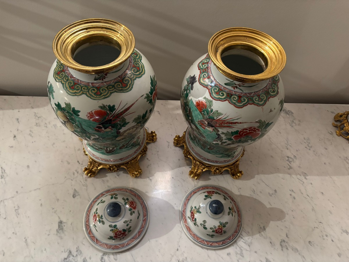 Pair Of Large Kangxi-period Green Family Covered Potiches-photo-3