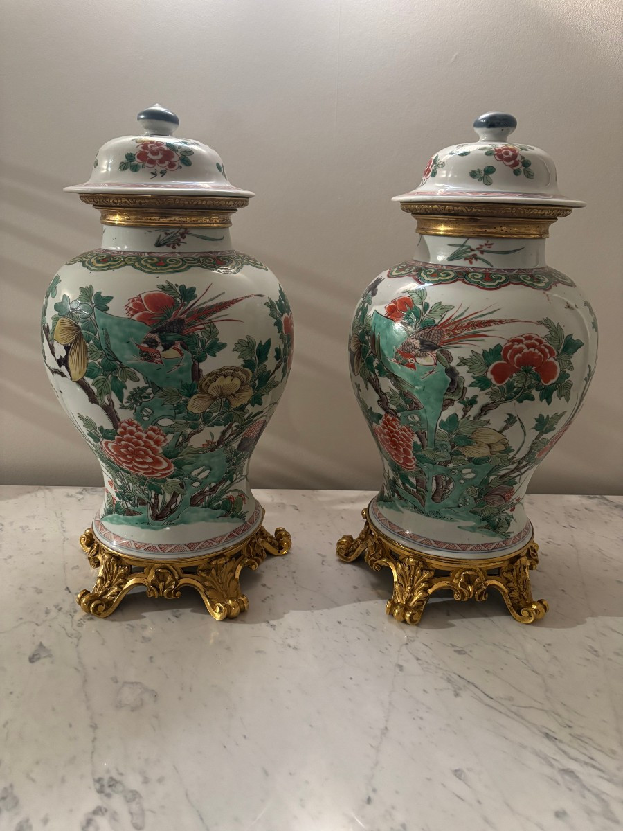 Pair Of Large Kangxi-period Green Family Covered Potiches