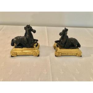 Paire De Chevaux En Bronze Formant Presse-papiers d'époque Louis XVI
