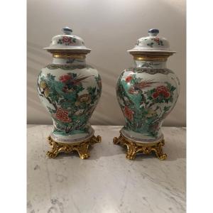 Pair Of Large Kangxi-period Green Family Covered Potiches