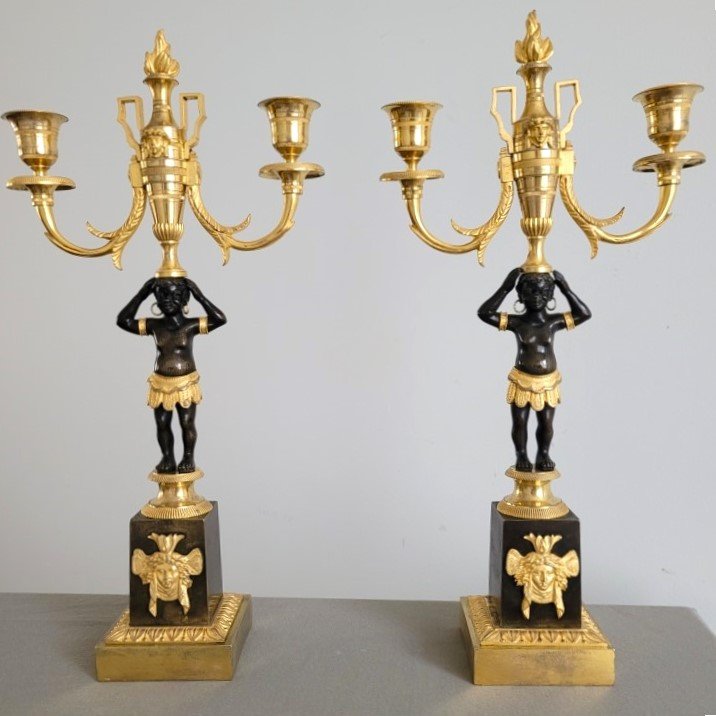 Pair Of Candelabra For Young African Women, Empire Period.-photo-2