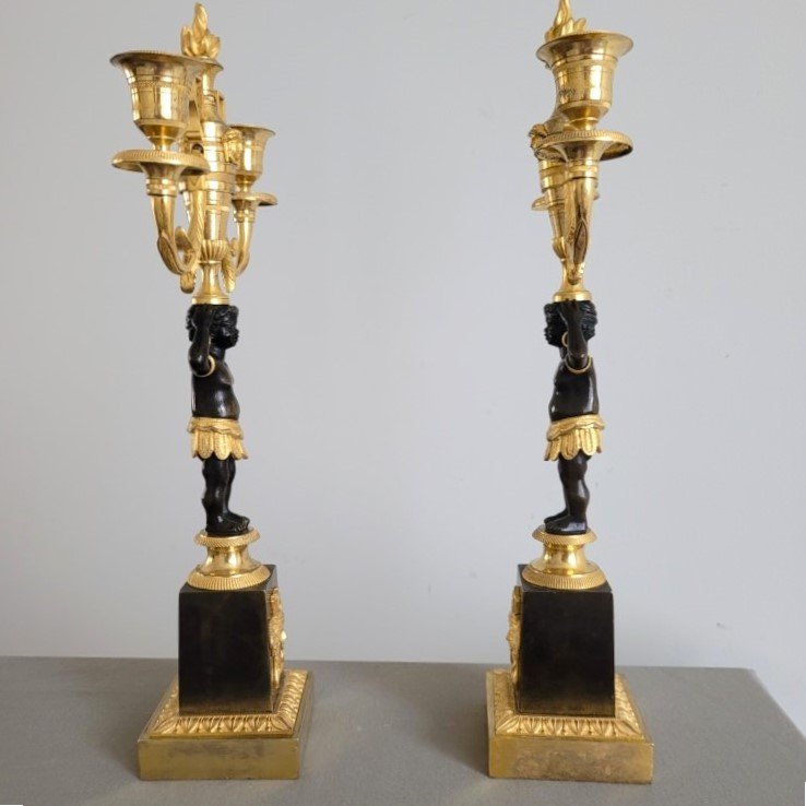 Pair Of Candelabra For Young African Women, Empire Period.-photo-3