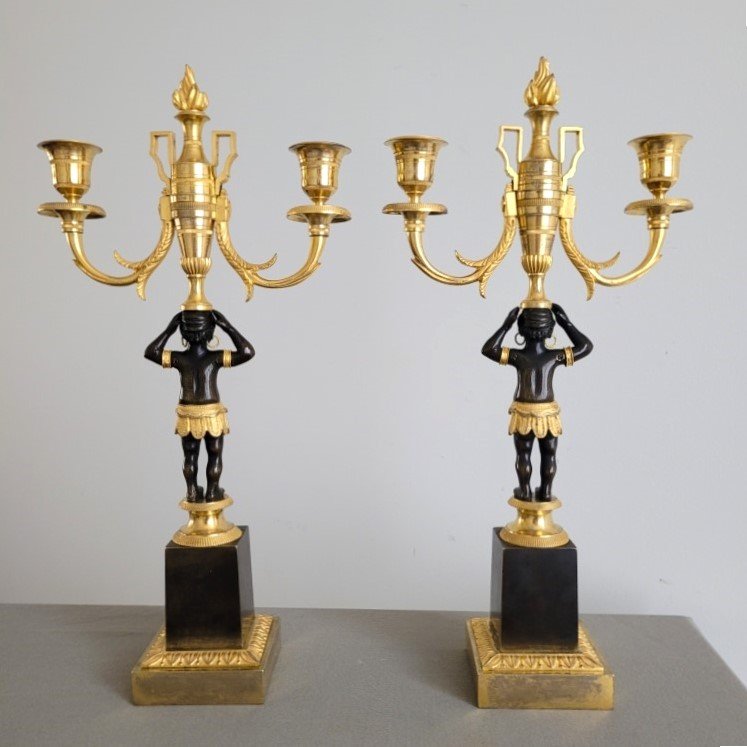 Pair Of Candelabra For Young African Women, Empire Period.-photo-4